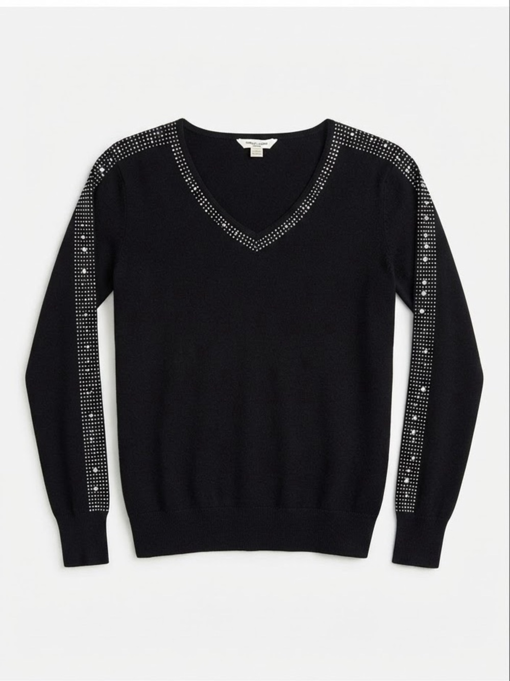 Milano Women’s Black V-Neck Rhinestone Studded Shoulder Sweater Size S Y2K Glam